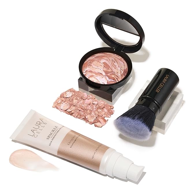 LAURA GELLER NEW YORK Ready-n-Radiant Kit (3 PC) - Baked Bronze-n-Brighten, Fair + Spackle Super-Size Skin Perfecting Primer, Champagne Glow + Retractable Angled Kabuki Brush-Velvo Beauty