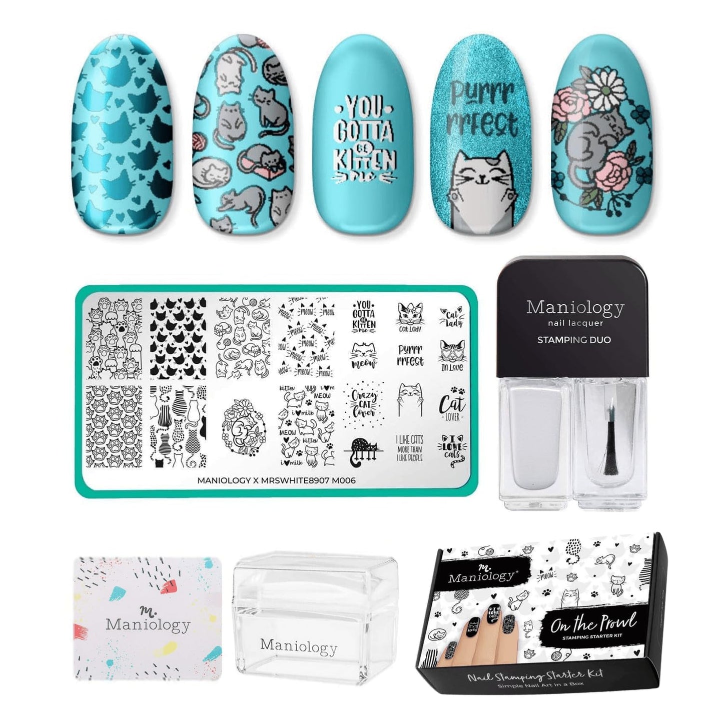 Maniology On the Prowl Nail Stamping Starter Kit | Cat-Themed Nail Art, Playful Kittens, Paw Prints & Whisker Designs DIY Manicures – Includes Stamping Plate, Polish, Top Coat, Stamper & Scraper Card-Velvo Beauty