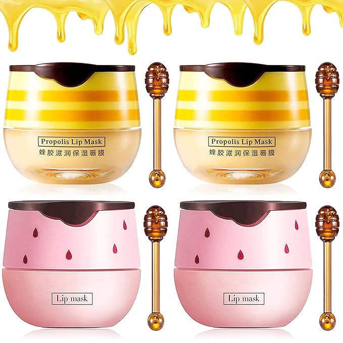 4PCS Bee Lip Balm Honey Lip Balm,Exfoliating Honey Pot Lip Balm Sleeping Lip Mask with Brush, Hydrating & Prevention Dry and Cracked, Lip Scrubs Exfoliator & Moisturizer-Velvo Beauty