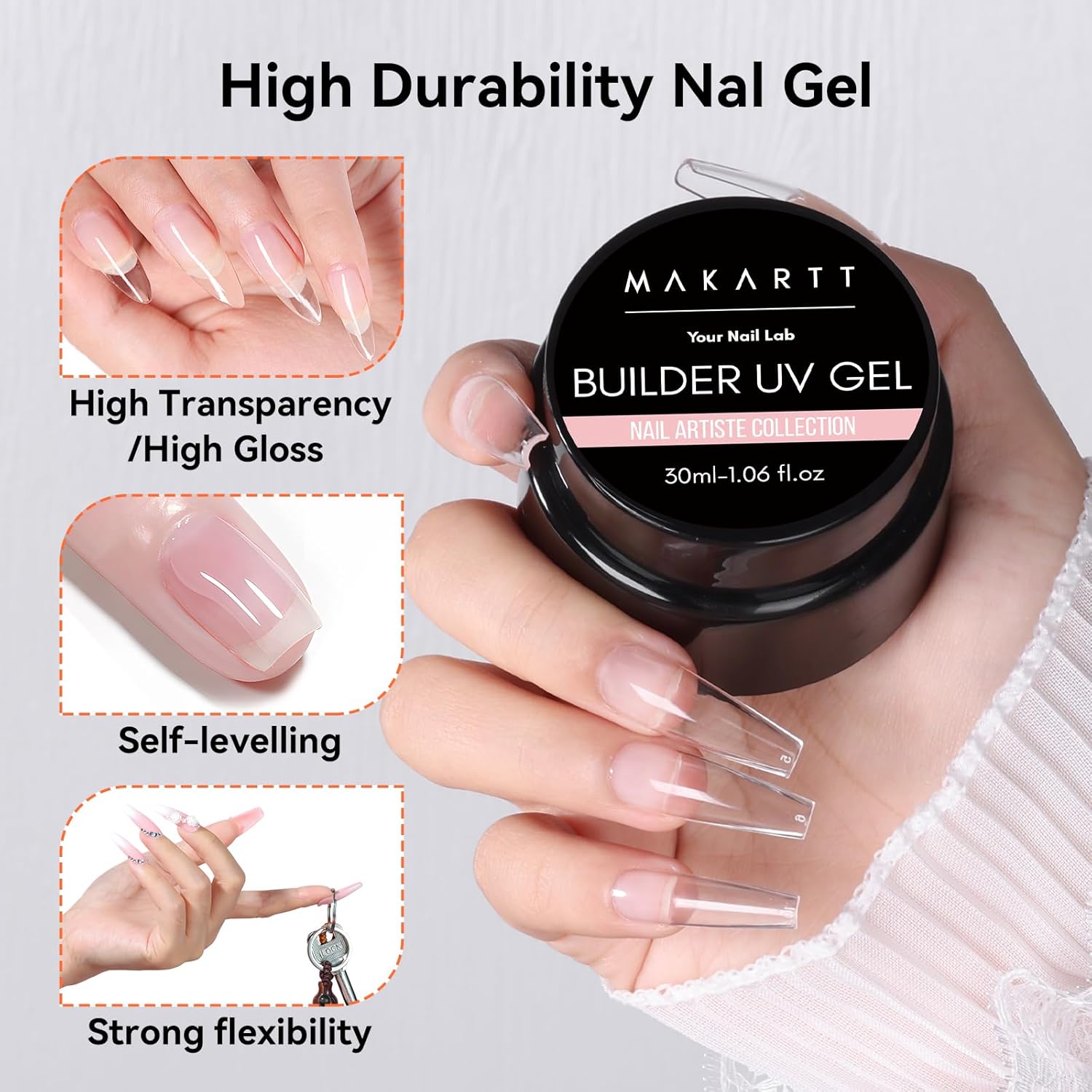 Makartt Clear Gel Builder: Nail Extension, Strong, Self-Levelling, Long Lasting for Strengthener Sculpture Broken Nails Repair Protection, UV LED Lamp Cure Required, Home Salon DIY Manicure 1.06 oz-Velvo Beauty
