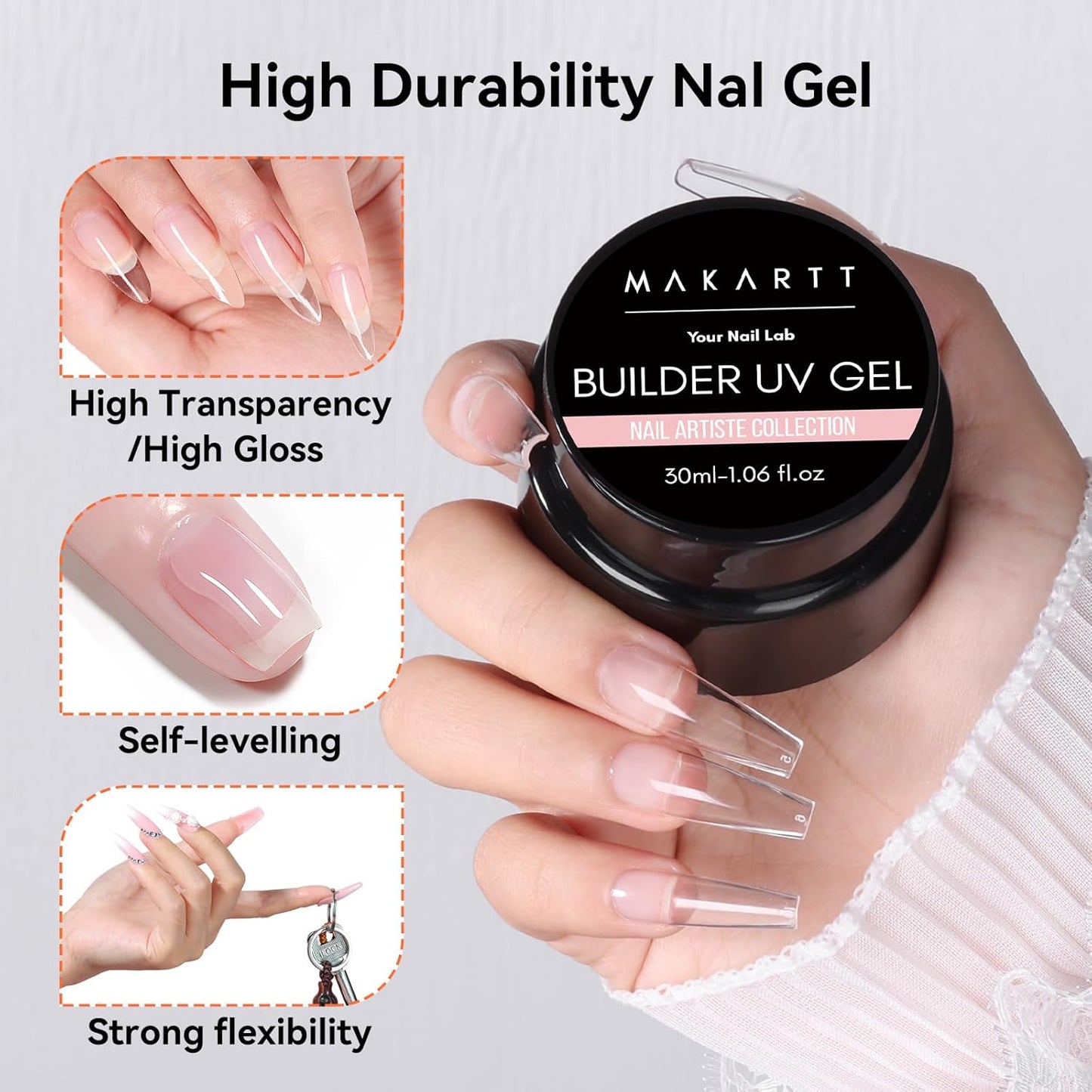 Makartt Clear Gel Builder Kit: Self-Levelling, Long Lasting Extension Hard Gels for Strengthener, Broken Nails Repair Gel Kit with Paper Forms, Dual forms, Nail File and Dual-End Brush 1.06 oz-Velvo Beauty