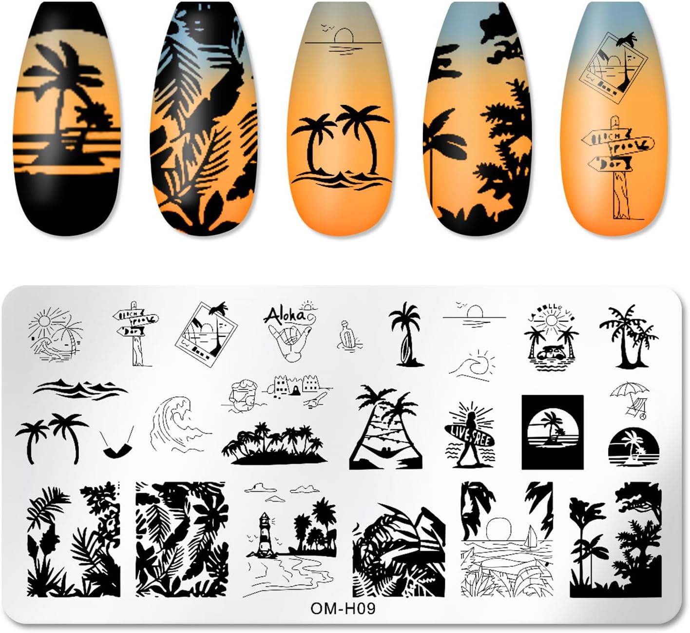 6pcs Nail Art Stamping Plates Set Manicuring Accessories Coconut Tree Leaves Flowers Birds Cactus Island Geometry Image Template for DIY Tips Decoration-Velvo Beauty