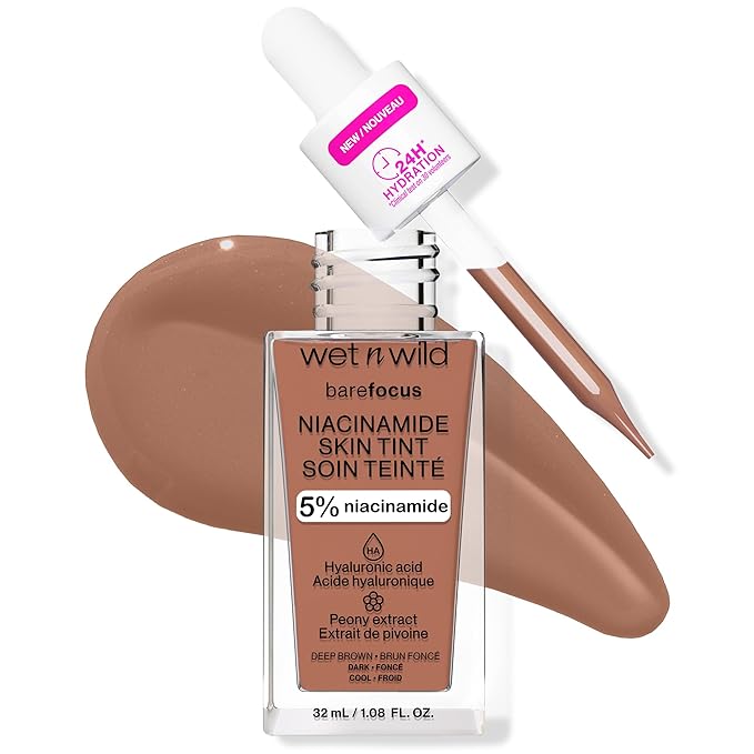 wet n wild Bare Focus Skin Tint, 5% Niacinamide Enriched, Buildable Sheer Lightweight Coverage, Natural Radiant Finish, Hyaluronic & Vitamin Hydration Boost, Cruelty-Free & Vegan - Deep Brown-Velvo Beauty