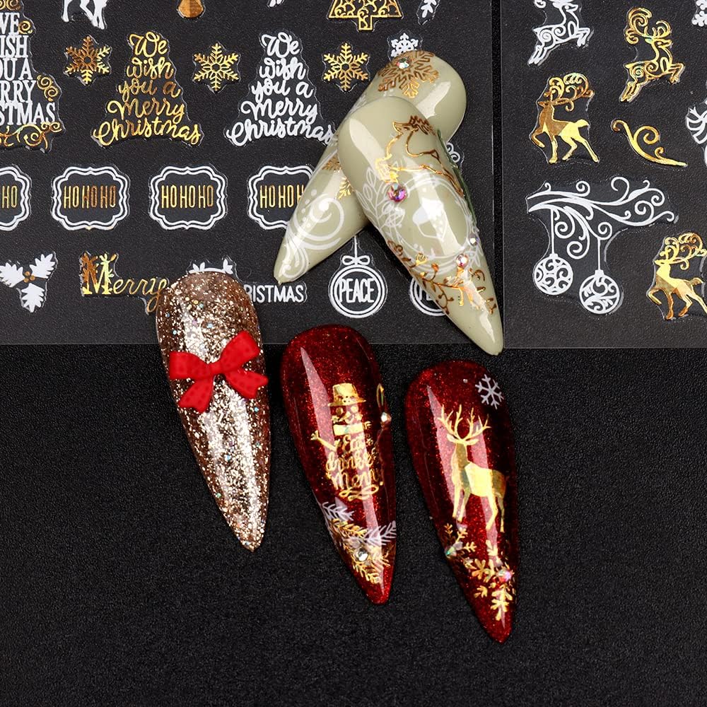 9 Sheets Christmas Nail Art Stickers Decals Self-Adhesive Pegatinas Uñas Gold White Nail Supplies Nail Art Design Decoration Accessories-Velvo Beauty