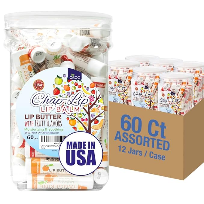 CHAP-LIP Lip Balm 60 Ct. with Fruit Flavors, Cocoa Butter, Coconut Oil | Moisturizing Vitamin E & Total Hydration Treatment & Soothing Lip Therapy (60 Ct Pack of 12)-Velvo Beauty