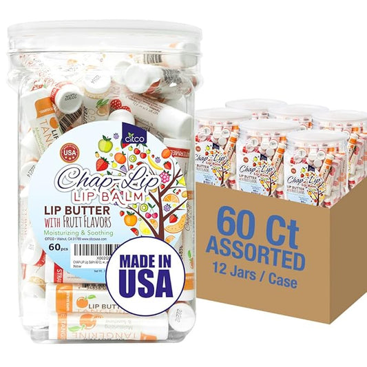 CHAP-LIP Lip Balm 60 Ct. with Fruit Flavors, Cocoa Butter, Coconut Oil | Moisturizing Vitamin E & Total Hydration Treatment & Soothing Lip Therapy (60 Ct Pack of 12)-Velvo Beauty