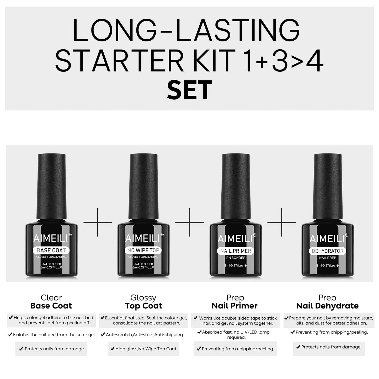 AIMEILI Gel Nail Polish 4pcs, Hema Free, Cruelty Free, Vegan, U V LED Nail Art - Base Coat, No Wipe Top Coat, Nail Dehydrator and Primer-Velvo Beauty