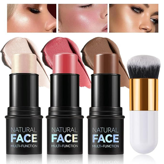 Highlighter Stick Cream Blush Stick Bronzer Contour Stick Makeup,3 PCS Cream Contour Kit with Contour Brush,Long Lasting & Professional Highlighters Makeup Stick for Beginner-Set B-Velvo Beauty