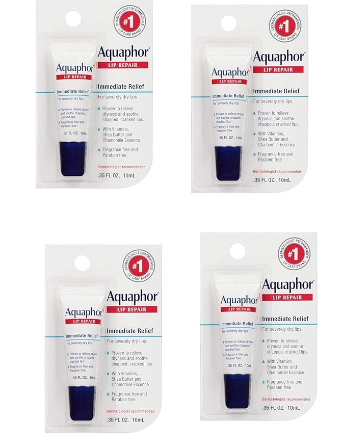 Aquaphor Lip Repair Ointment - Long-lasting Moisture to Soothe Dry Chapped Lips - .35 fl. oz Tube, 4 Pack-Velvo Beauty
