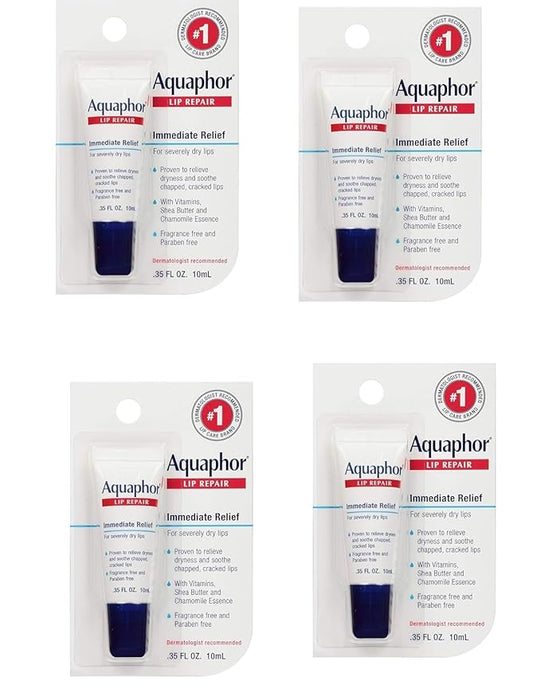 Aquaphor Lip Repair Ointment - Long-lasting Moisture to Soothe Dry Chapped Lips - .35 fl. oz Tube, 4 Pack-Velvo Beauty