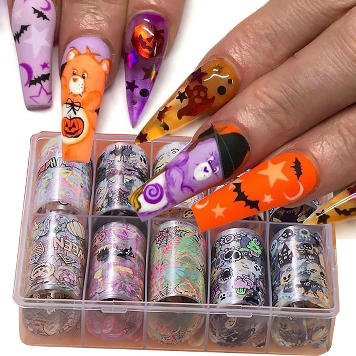 Halloween Nail Foils Transfers - Ghost Pumpkin Skull Bat Spider Web Black Cat Design, Gold & Holographic Foil Stickers for Nail Art, Manicure Decals for DIY Acrylic Nails, 10 Sheets-Velvo Beauty