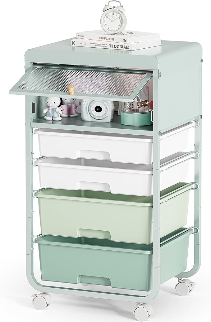 Utility-Rolling-Storage-Drawer-Craft-Cart-Organizers with 4 Drawers & Dust-proof Door for Kid Craft Art Room,Bedroom,Home Office, 4 Tiers Drawer cart, Green-Velvo Beauty
