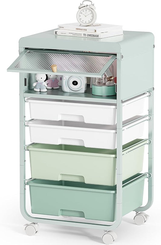 Utility-Rolling-Storage-Drawer-Craft-Cart-Organizers with 4 Drawers & Dust-proof Door for Kid Craft Art Room,Bedroom,Home Office, 4 Tiers Drawer cart, Green-Velvo Beauty