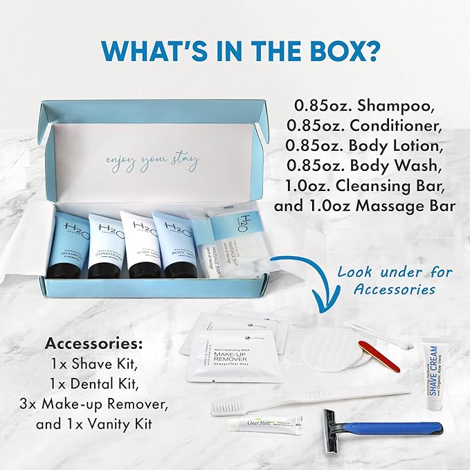 H2O Therapy Amenity & Accessory Kit | 0.85 oz Travel Size Shampoo, Conditioner, Lotion, Body Wash, Massage Bar, Cleansing Bar, Shave & Dental Sets, Make-Up Remover Wipes, & Vanity Kit | 1 set per case-Velvo Beauty