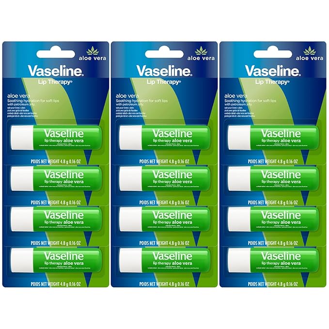Vaseline Lip Therapy Aloe Fresh - Hydrating Lip Balm Pack, Vaseline Stick, Lip Moisturizer for Dry Lips, 0.16 Oz Each (Pack of 12)-Velvo Beauty