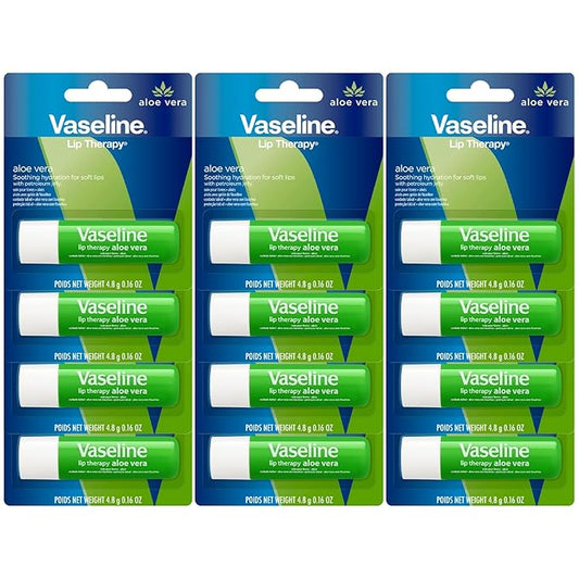 Vaseline Lip Therapy Aloe Fresh - Hydrating Lip Balm Pack, Vaseline Stick, Lip Moisturizer for Dry Lips, 0.16 Oz Each (Pack of 12)-Velvo Beauty