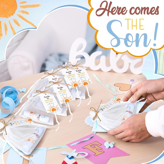 Dunzy 50 Pack Here Comes the Son Baby Shower Party Gifts Lip Balms Favors Bulk for Guests Boys Girls Gender Reveal Favors Baby Shower Game Prizes Souvenirs Goodie Bags Stuffers Thank You Gifts-Velvo Beauty