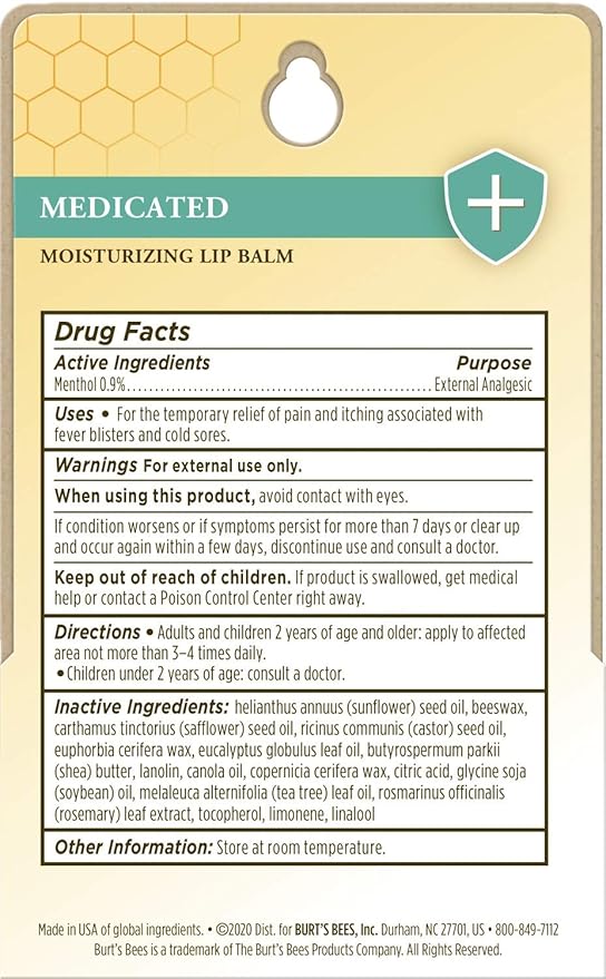 Burt's Bees Medicated Lip Balm, With Eucalyptus Oil and Menthol, Tint-Free, Natural Origin Lip Care, 2 Tubes, 0.15 oz.-Velvo Beauty