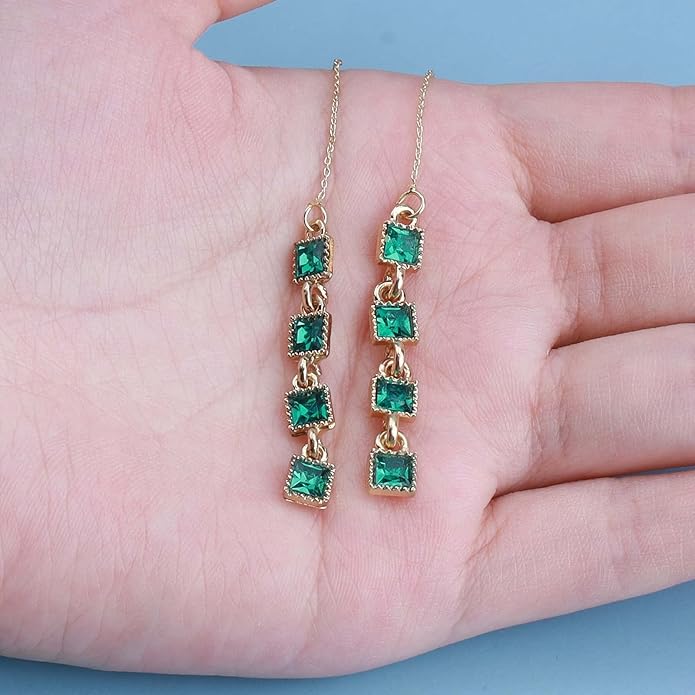 Vintage Emerald Crystal Threader Earrings Green Gem Drop Earrings Emerald Cz Square Earrings Gold Long Emerald Chain Earrings Jewelry for Women-Velvo Beauty