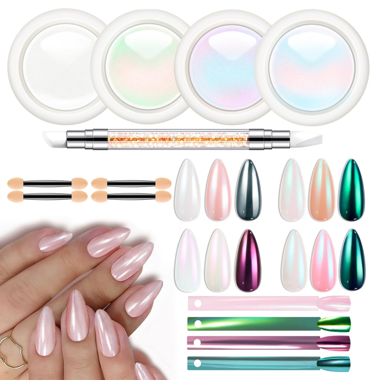 modelones Chrome Nail Powder Pearl Chrome Powder for Nail Magic White Glazed donut Chrome Nail Powder Mirror Effect Holographic Aurora Iridescent Pearlescent Manicure 4 Colors 1g or 0.5g/Jar-Velvo Beauty