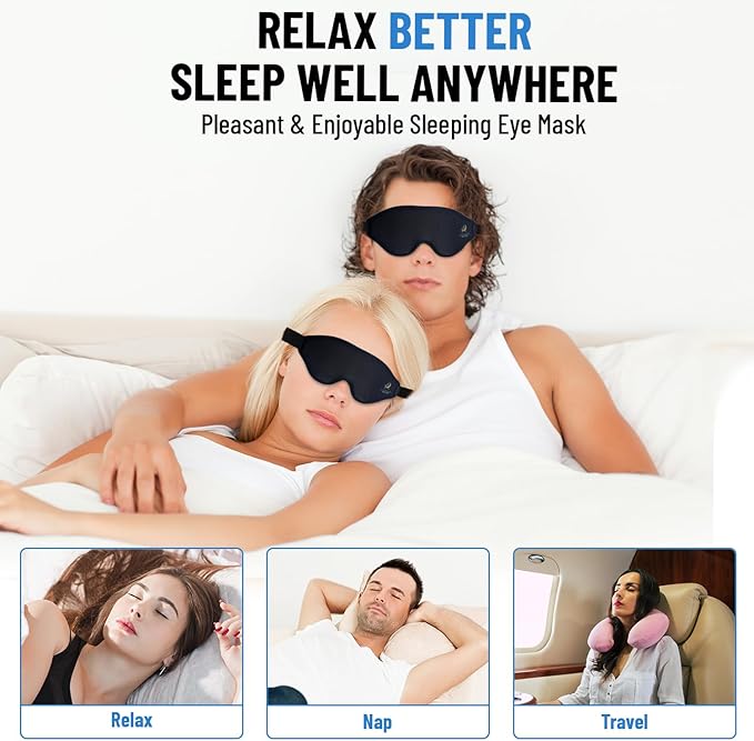 3D Sleep Mask for Men Women | 100% Blackout, Zero Eye Pressure, Breathable Material | Comfortable Night Blindfold for Sleeping, Travel and Meditation (Black)-Velvo Beauty