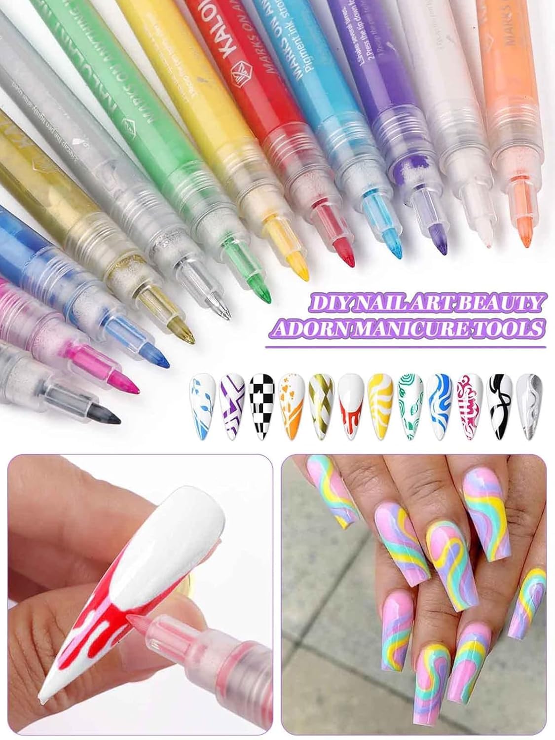 12 Color 3D Nail Art Pens Set, Kalolary Nail Point Graffiti Dotting Pen Drawing Painting Liner Brush for DIY Nail Art Beauty Adorn Manicure Tools-Velvo Beauty