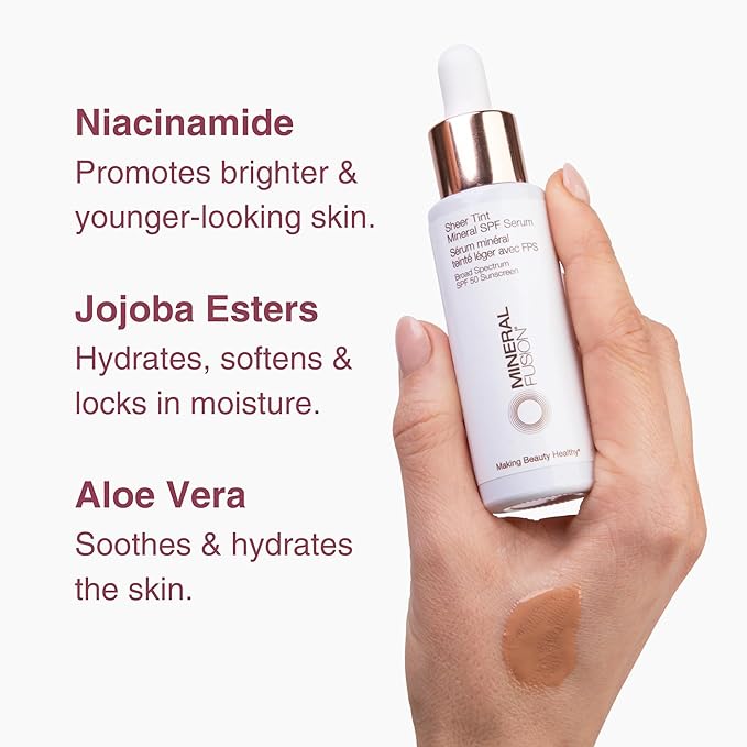 Mineral Fusion Face Serum, Sheer Tint Mineral SPF Serum, 1 Fl Oz, Medium, Tinted Broad Spectrum SPF 50 Mineral Sunscreen, Sheer Coverage, Lightweight & Dewy Finish for Glowing, Protected Skin-Velvo Beauty