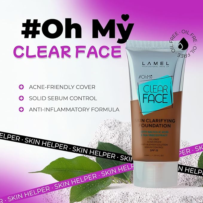 LAMEL OhMy Clear Face Full Coverage Foundation - Acne Coverage - Salicylic Acid & Tea Tree Extract - Dewy & Flawless Finish - Sensitive Skin Care - Organic & Oil-Free - 412, 1.35 fl.oz-Velvo Beauty