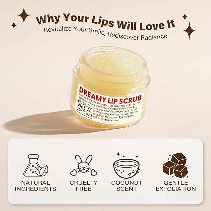 Nourishing Lip Scrub - Infused with Coconut Oil, Olive Fruit Oil, and Jojoba Seed Oil, 1.05oz - Exfoliate, Hydrate, and Glow for Chapped Dry, Dark Lips-Velvo Beauty