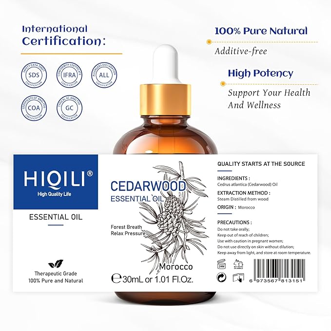 HIQILI 1 Fl Oz Cedarwood Essential Oil, Pure Natural Cedarwood Oil for Hair, Diffuser, Aromatherapy - 30ML-Velvo Beauty