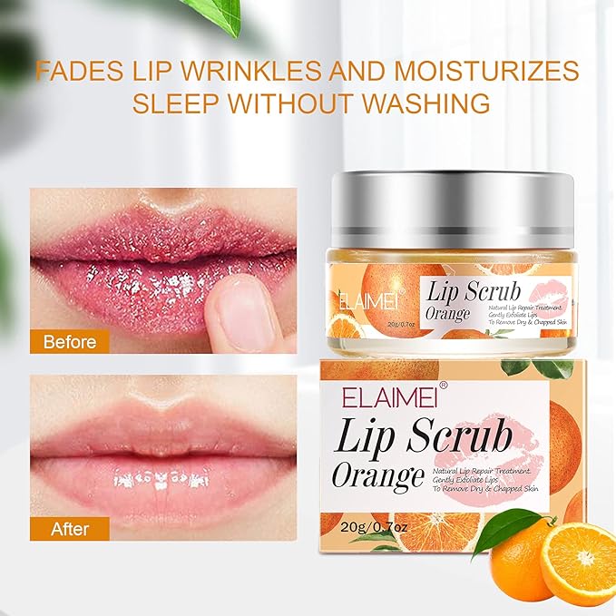 Lip Scrub, Lip Scrubs Exfoliator & Moisturizer, Lip Repair for Lush Soft Lips, Lip Moisturizer for Chapped Dry and Flaky Lips Treatment, Lip Scrubs (Orange)-Velvo Beauty
