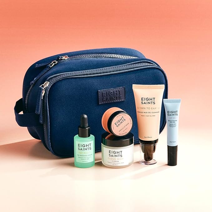Eight Saints Date Night Skincare Prep Gift Set, All Natural & Organic, Gift Set Includes Eye Gel, Hyaluronic Acid Serm, Mud Face Cleanser, Vitamin C Cream, Lip Mask, and Neoprene Travel Bag, 6 Pc Set-Velvo Beauty