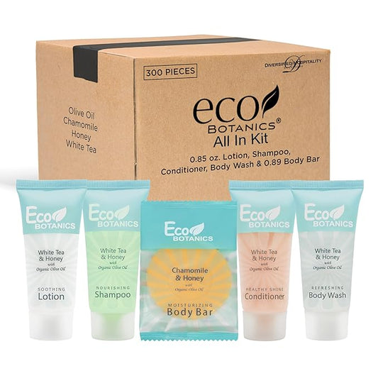 Eco Botanics Hotel Soaps & Toiletries Bulk Set | 0.85oz Hotel Shampoo & Conditioner, Body Wash, Body Lotion & Bar Soap Travel Size | 300 Pieces-Velvo Beauty