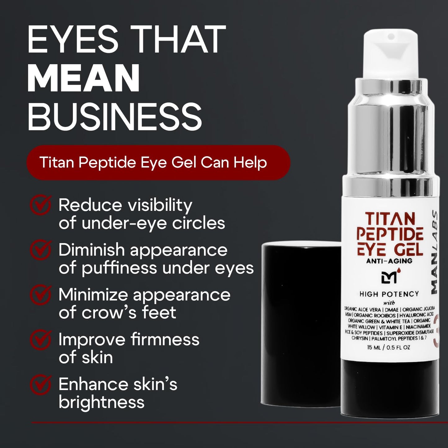 Titan Peptide Cooling Eye Gel – Mens Eye Cream – Anti-Aging Bags & Dark Circle – Eye Bags Treatment for Men – High Potency – Puffy Eyes Treatment for Men – Peptides, HA, DMAE, MSM – Unscented-Velvo Beauty