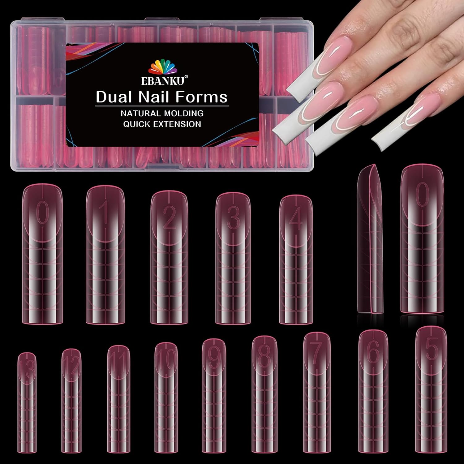 EBANKU Dual Nail Forms for Poly Extension Gel, Reusable Nail Molds 15 Sizes Nail Extension Forms for Builder Gel Manicure Design Salon DIY, 140 Pieces, 14 Sizes-Velvo Beauty