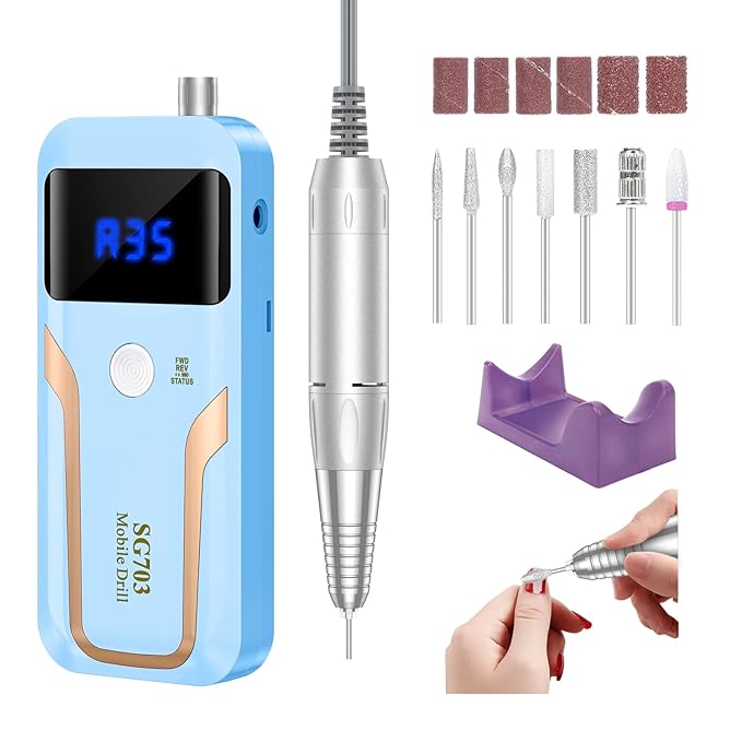 Portable Nail Drill Professional, 35000 RPM Rechargeable Electric Nail File Machine E File for Acrylic Nails Gel Polishing Removing, Cordless E-file with Bits Kit for Manicure Salon Home,Blue-Velvo Beauty