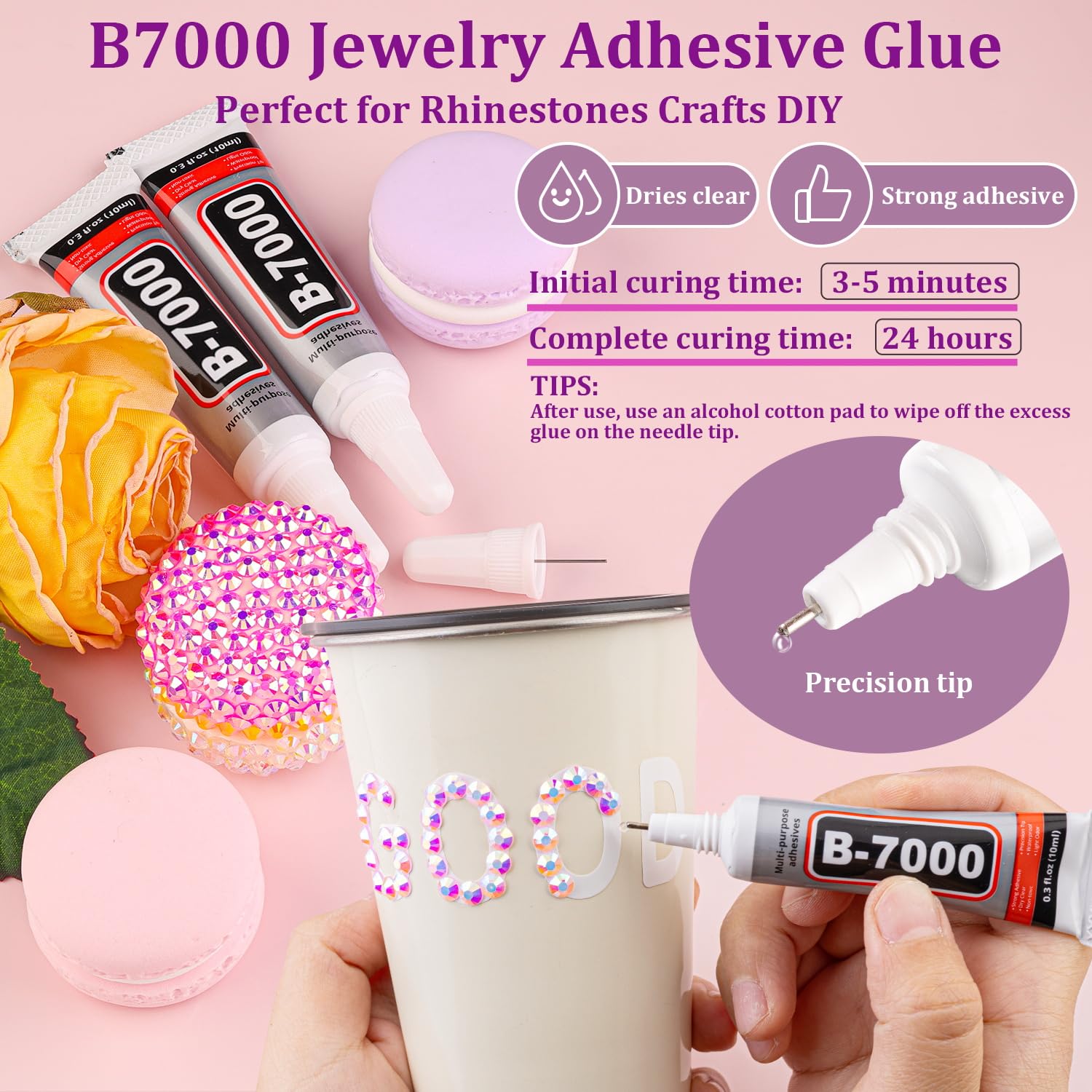 Resin Jelly Rhinestones for Crafting with B7000 Jewelry Glue, 2 Boxes Light Pink AB Flatback Crystals with 3Pcs 10ml Glue, Bedazzling Non Hotfix Gems for DIY Tumblers Clothing Shoes Manicure-Velvo Beauty