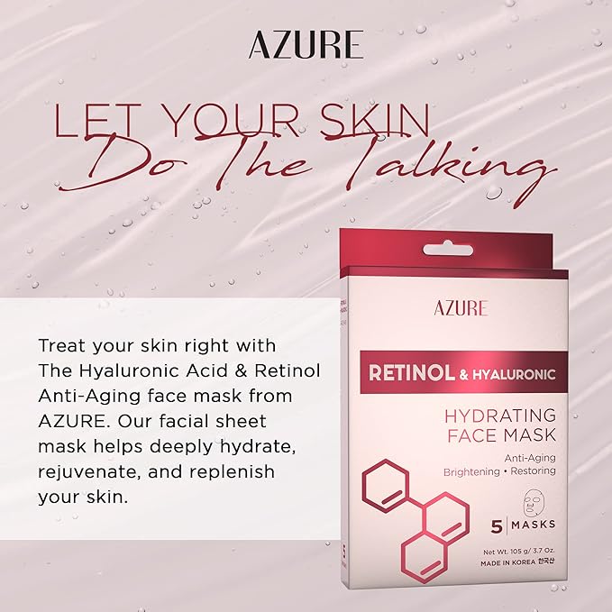 Azure Cosmetics Retinol & Hyaluronic Acid Anti Aging Facial Sheet - Rejuvenating & Hydrating Face Mask - Helps Reduce Fine Lines & Wrinkles, Smooths & Repairs - Made in Korea - Pack of 5-Velvo Beauty