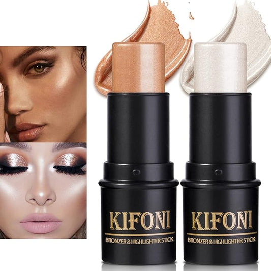 2 Pcs Cream Contour Stick Makeup Kit, Cream Highlighter Stick & Contour Bronzer Stick for Cheeks, Lightweight Blendable Smooth -Highlighter (#03 Champagne Gold #06 Silver)-Velvo Beauty