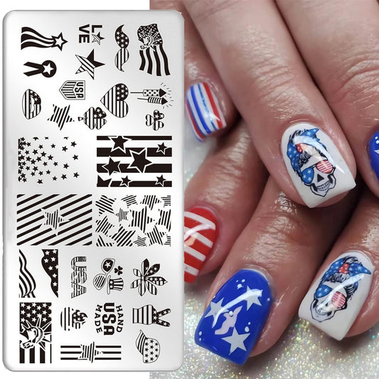 4th of July Nail Art Stamping Plates American Flag Designs Nail Stamp Templates DIY Stainless Steel Star Nail Image Polish Template Manicure Accessories for Women and Girls-Velvo Beauty