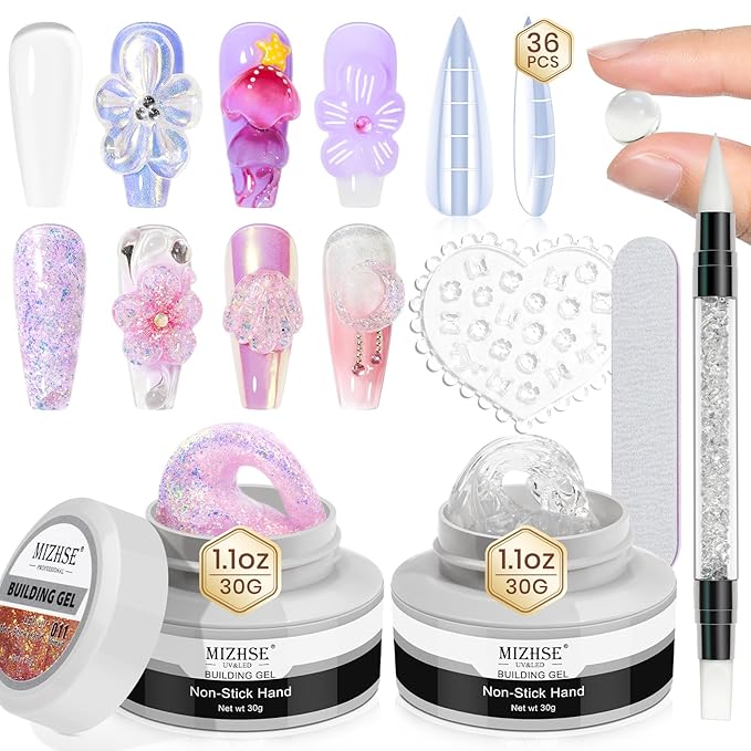 MIZHSE 2PCS Solid Builder Gel for Nails: 30g/1oz Clear & Pink Glitter Hard Gels for Nails 3D Gel with Dual Forms 3D Silicone Mold Soak off U V Builder Gels for Nail Art Manicure Home DIY-Velvo Beauty