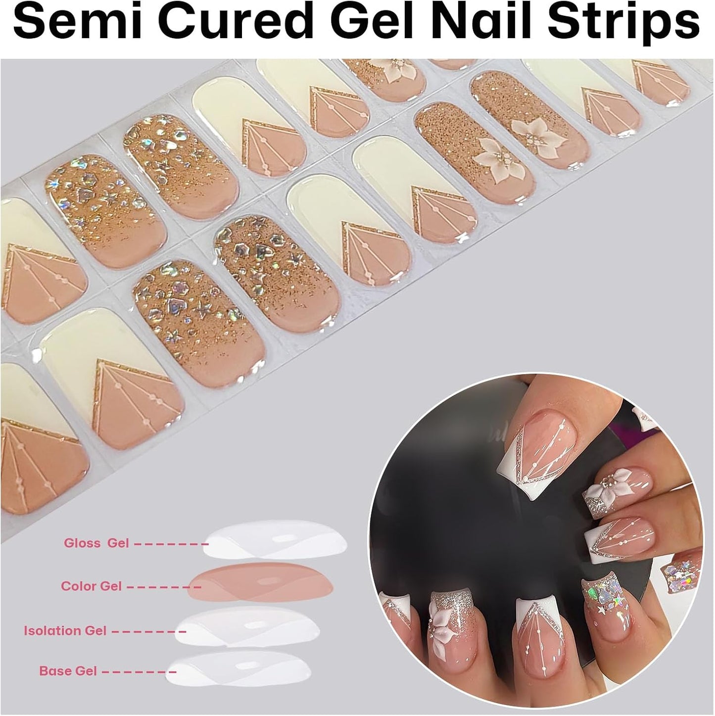 Semi Cured Gel Nail Strips French Tip Gel Nail Strips Whhite Flower Stickers Glitter Wraps Need UV/LED Light Salon Quality & Easy to Use for Women 20 Pcs-Velvo Beauty