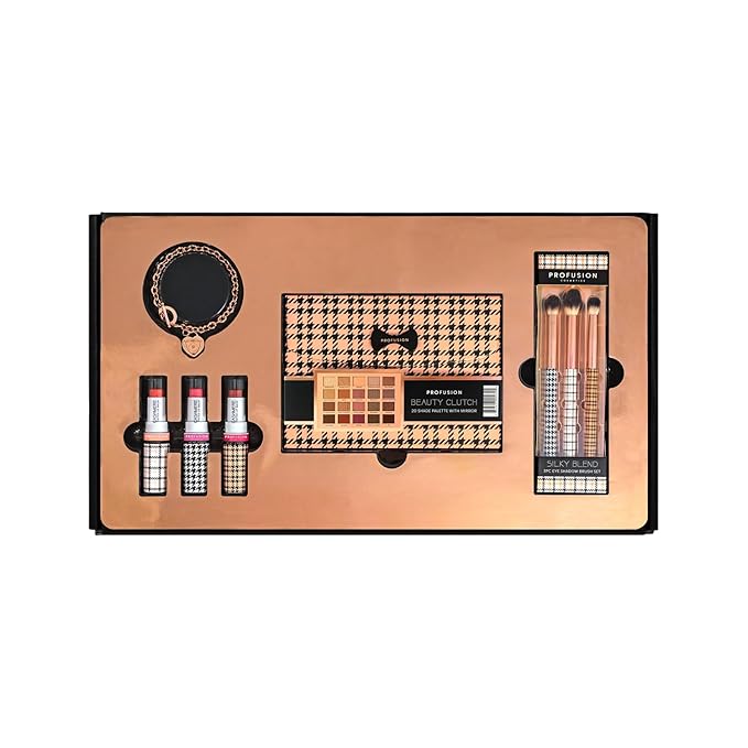 Profusion Cosmetics Beverly Hills PR Box, Includes Beauty Clutch 20 Shade Palette with Mirror, 3 Pc Eyeshadow Brush Set, and Lip Balm Trio to Enhance Your Beauty Routine-Velvo Beauty