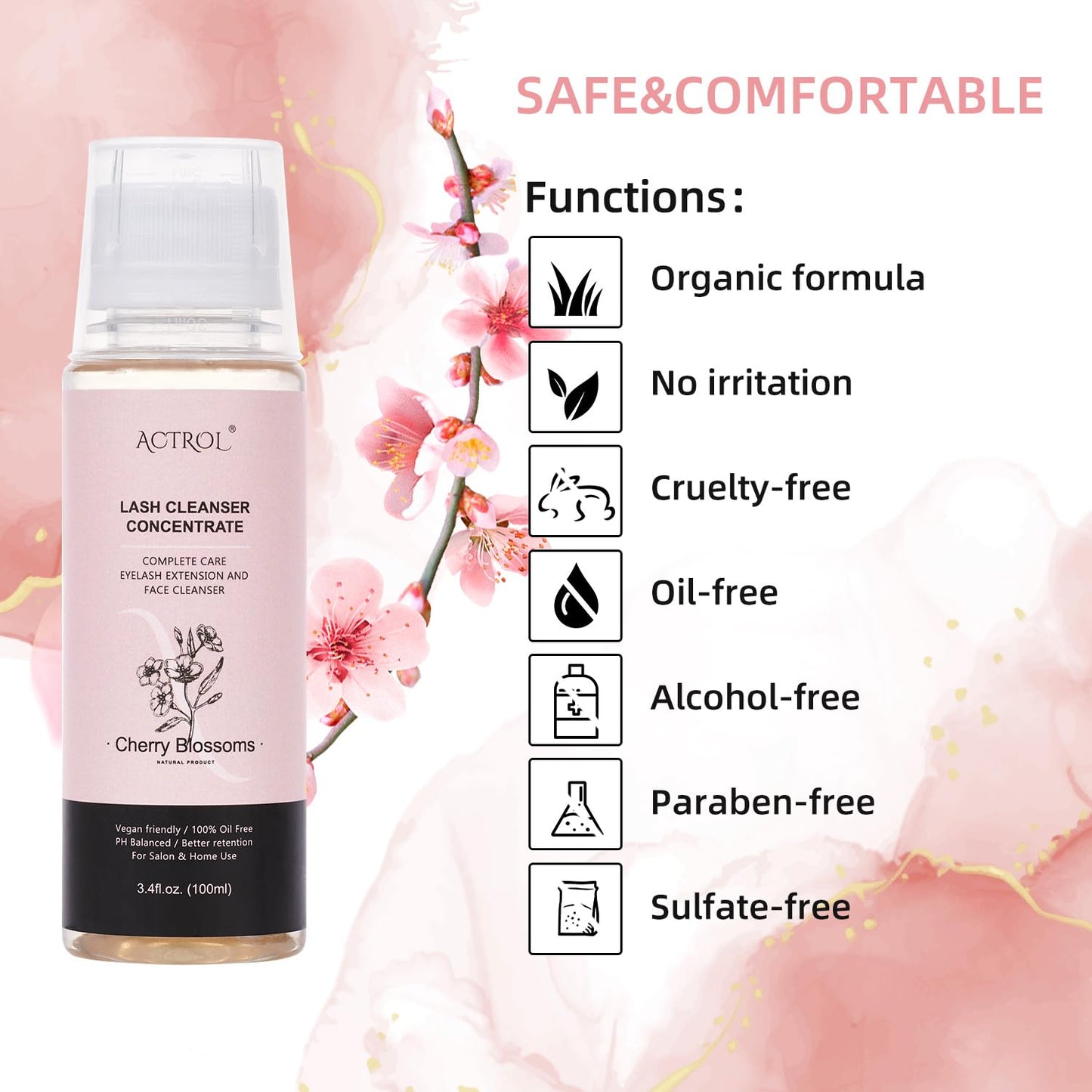 Eyelash Shampoo Concentrate 100ml Lash Extensions Cleanser Concentrate Cherry Blossom Natural Foaming Shampoo DIY Wash for Extensions Lashes with Salon Home Care-Makes 60ml Bottles-Velvo Beauty