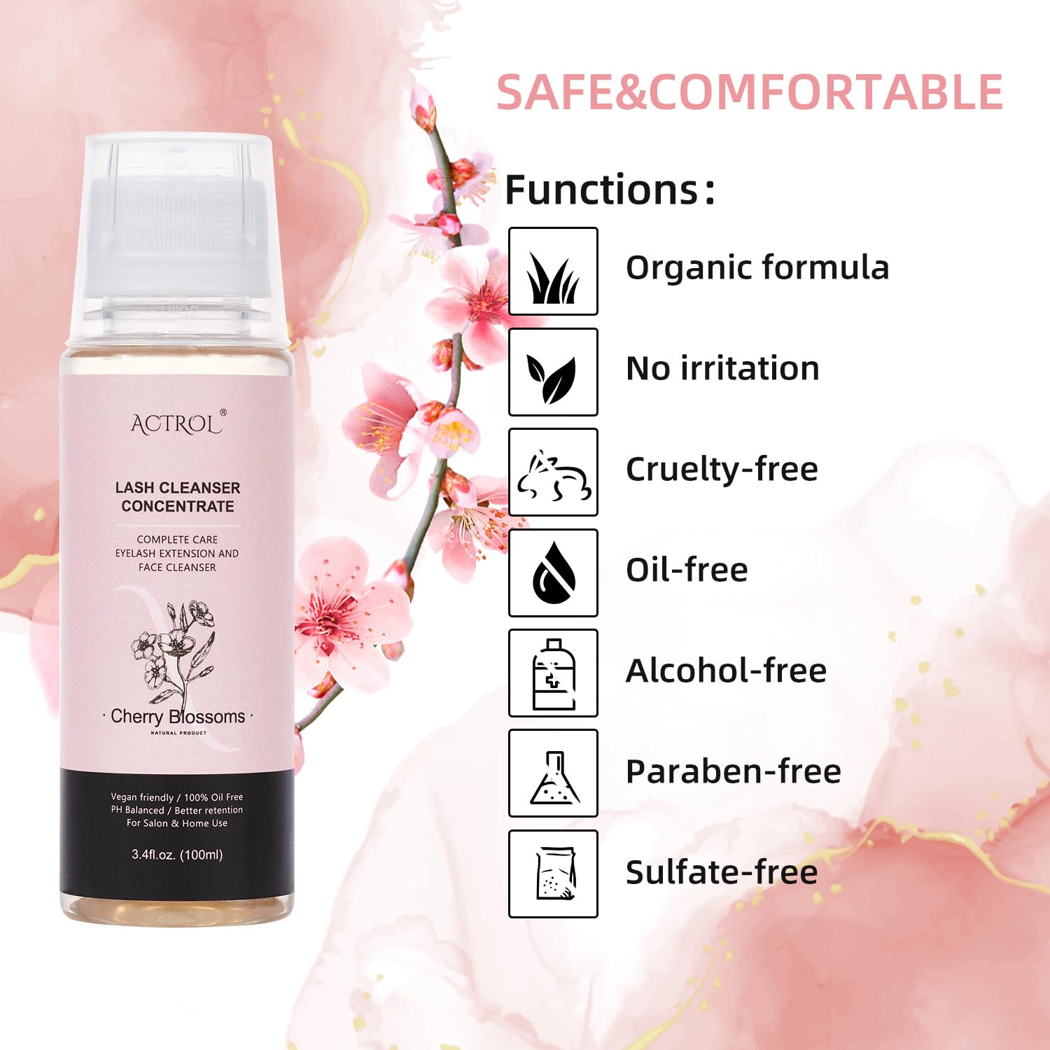 Eyelash Shampoo Concentrate 100ml Lash Extensions Cleanser Concentrate Cherry Blossom Natural Foaming Shampoo DIY Wash for Extensions Lashes with Salon Home Care-Makes 60ml Bottles-Velvo Beauty