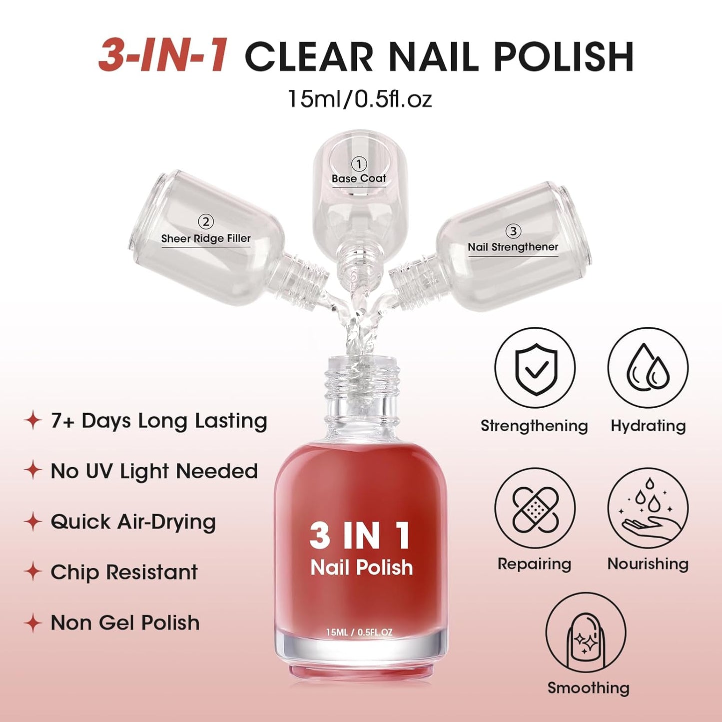 GELLEN Tinted Red Ridge Filler For Nails, Clear Nail Polish Ridge Filling Base Coat, Nail Strengthener and Growth, Hydrates Strengthens Nourishes Damaged Dry Nails, Shea Butter & Vitamin E & Protein-Velvo Beauty