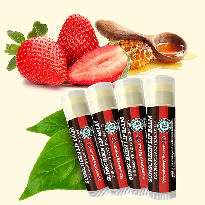 SPF Lip Balm 4-Pack by Earth's Daughter - Lip Sunscreen, SPF 15, Organic Ingredients, Strawberry Flavor, Beeswax, Coconut Oil, Vitamin E - Hypoallergenic, Paraben Free, Gluten Free-Velvo Beauty