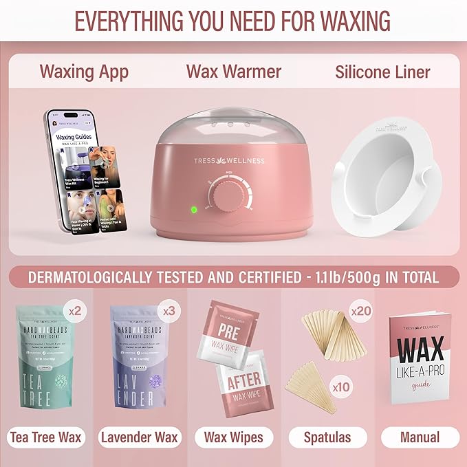 Tress Wellness Waxing Kit for Sensitive Skin – Safe for Face & Skin, Prep & Aftercare Spray, Easy to Use – At-Home Kit for Face, Bikini, Brazilian & Full Body - Pink, No Display-Velvo Beauty