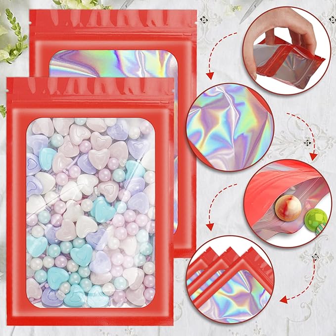100 Pieces Smell Proof Mylar Resealable Bags, Holographic Packaging Bags, Resealable Odor Foil Pouch Zip Bag with Clear Window for Food Storage and Lipgloss, Jewelry Lash (Red, 3.5 x 6.3 Inch)-Velvo Beauty