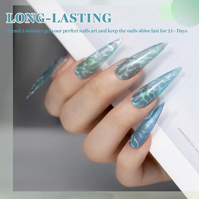 RARJSM Blue Cat Eye Gel Nail Polish Set 6pcs Reflective Diamond Glitter Clear Light Gray Sea Blue Green Tone Glass Cateye Gelpolish with Magnet Stick 7.5ml Curing Requires Soak Off for Home Salon-Velvo Beauty